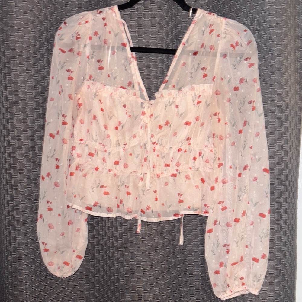 Lush Sheer Floral Blouse - Pink and White